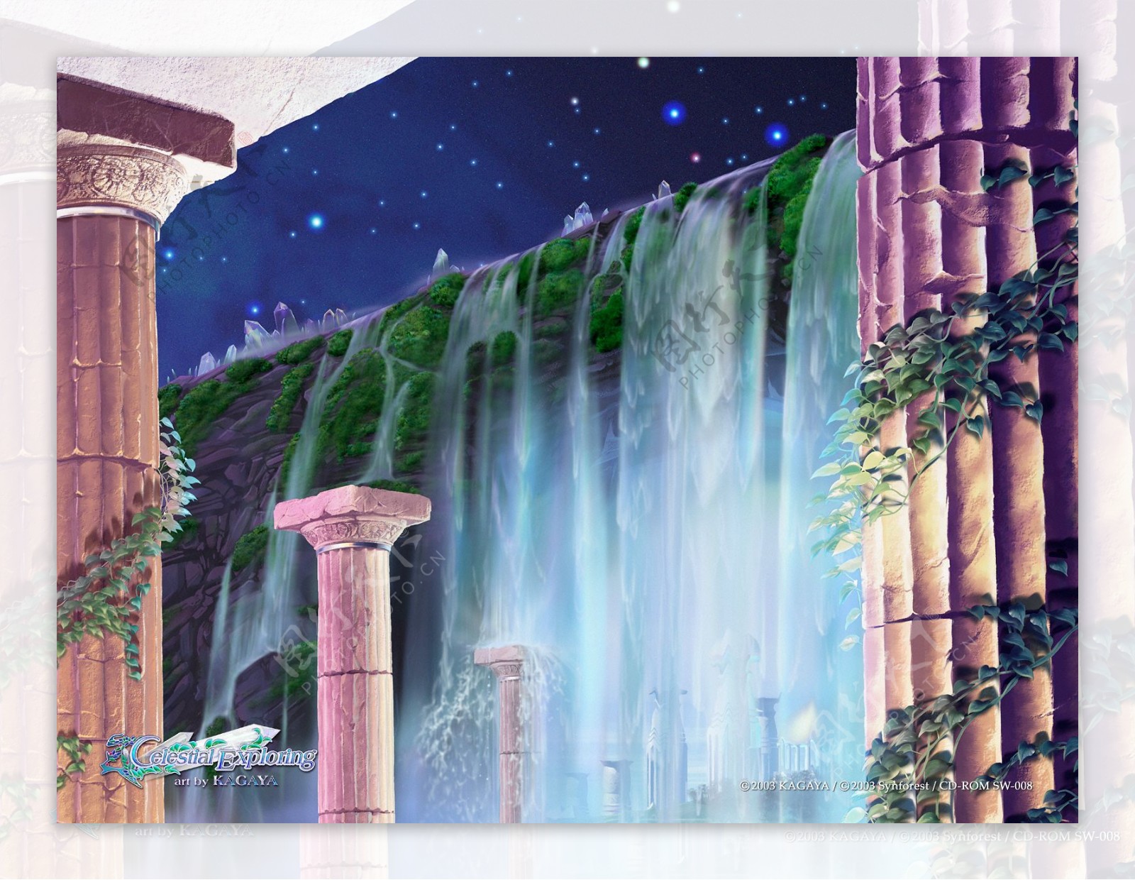 梦幻星夜希腊古建柱子与瀑布梦幻动漫桌面背景