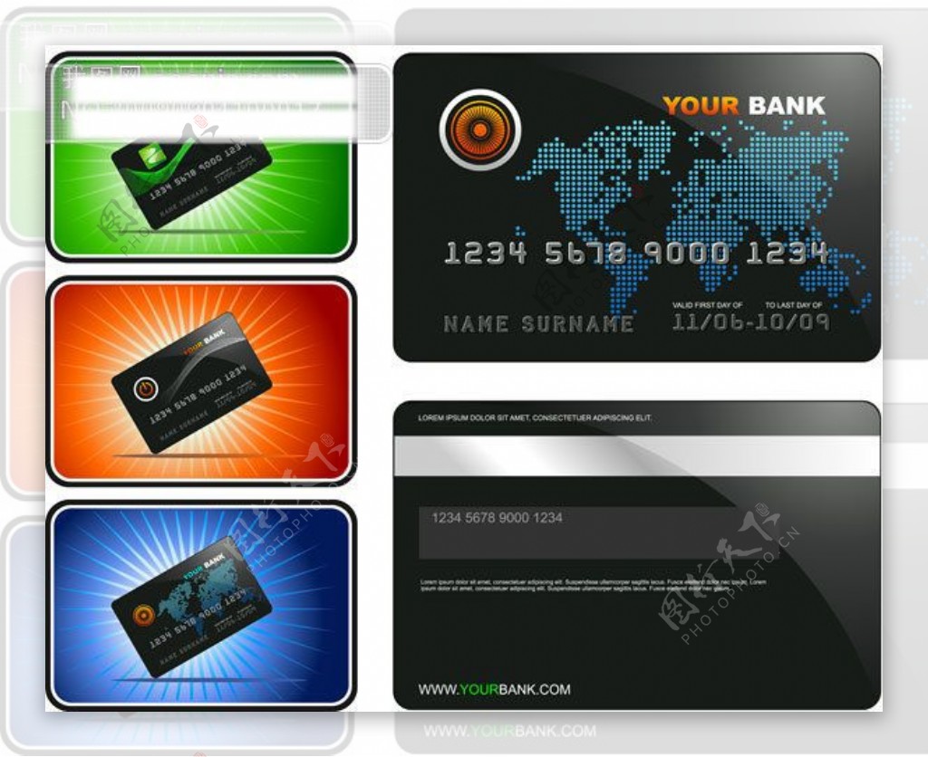 银行卡信用卡光芒世界地图金融商业矢量素材
