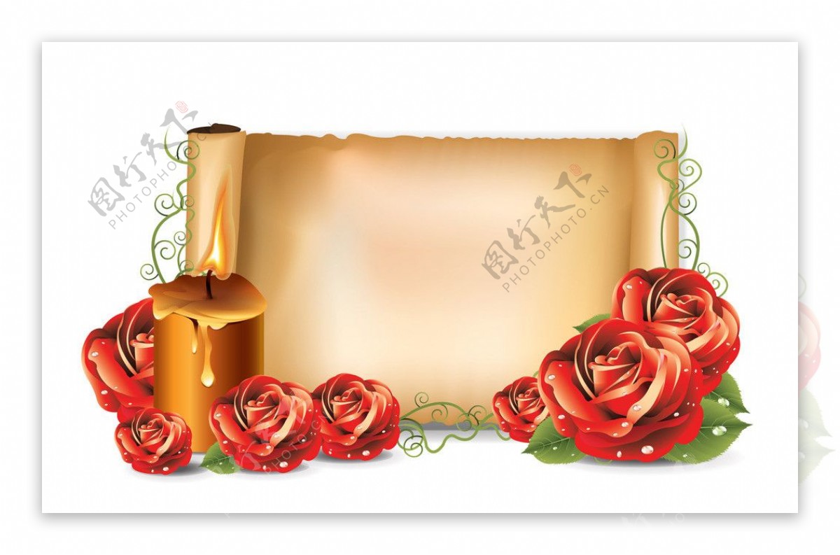 红玫瑰欧式卷轴纸张图片