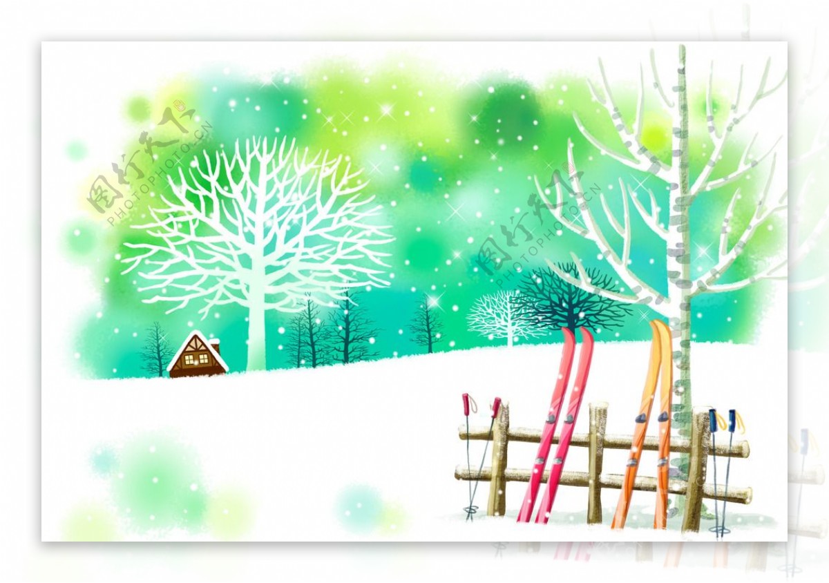 唯美雪地小屋雪橇绘图插画图片