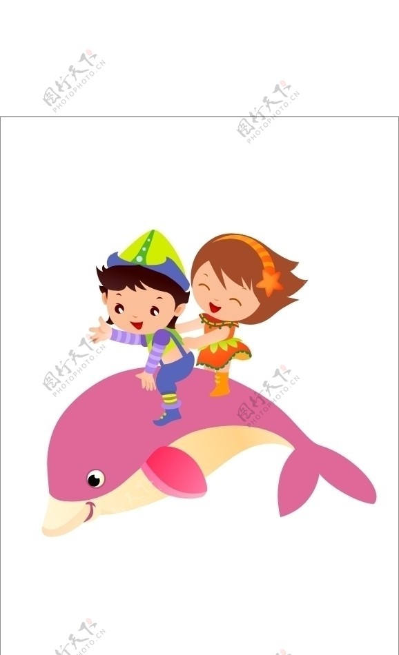 海豚和2个小孩子图片