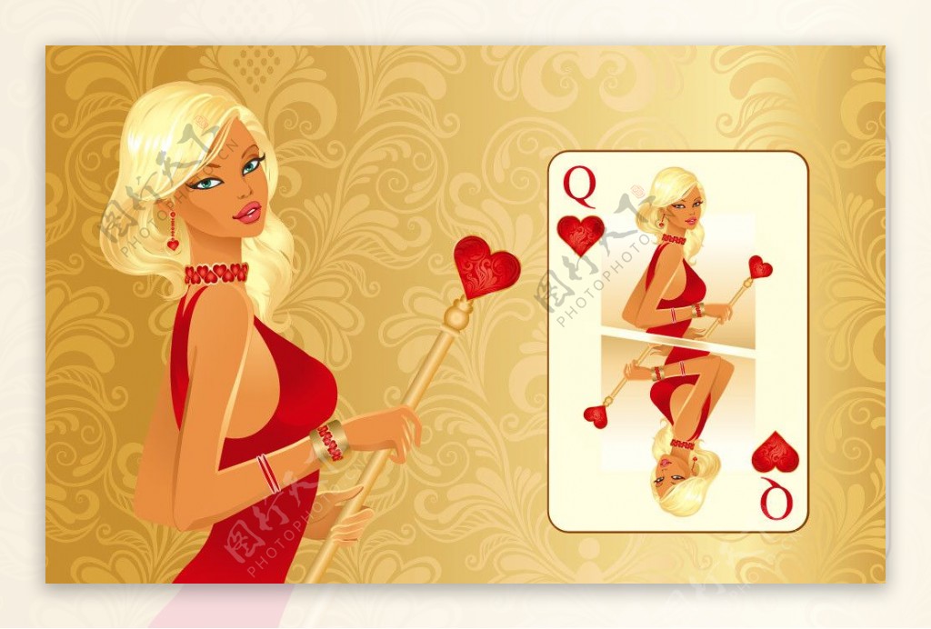 欧式花纹扑克美女爱心红心图片