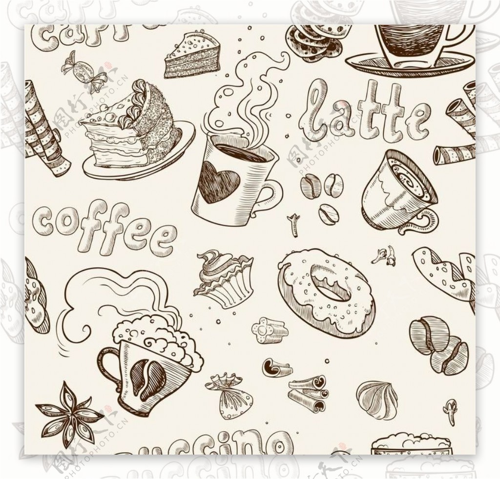 素描咖啡甜点图片
