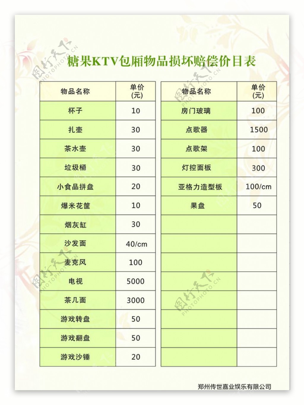 KTV物品损坏赔偿表图片