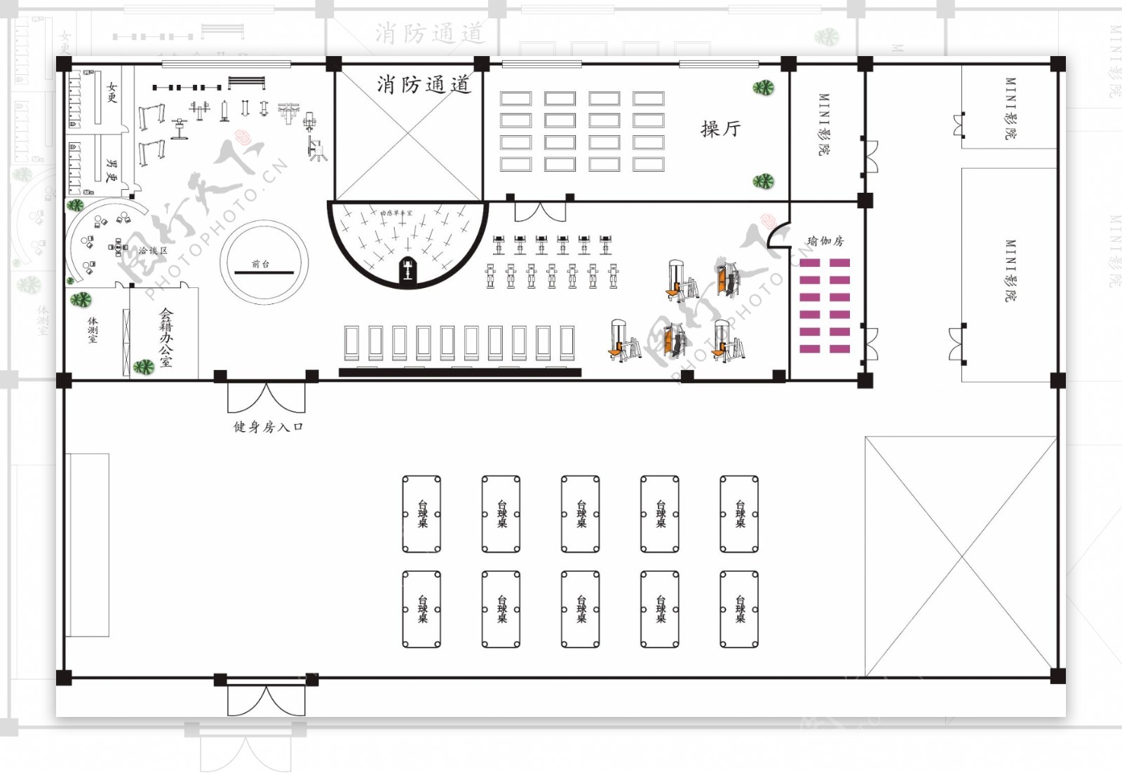 健身房平面图图片