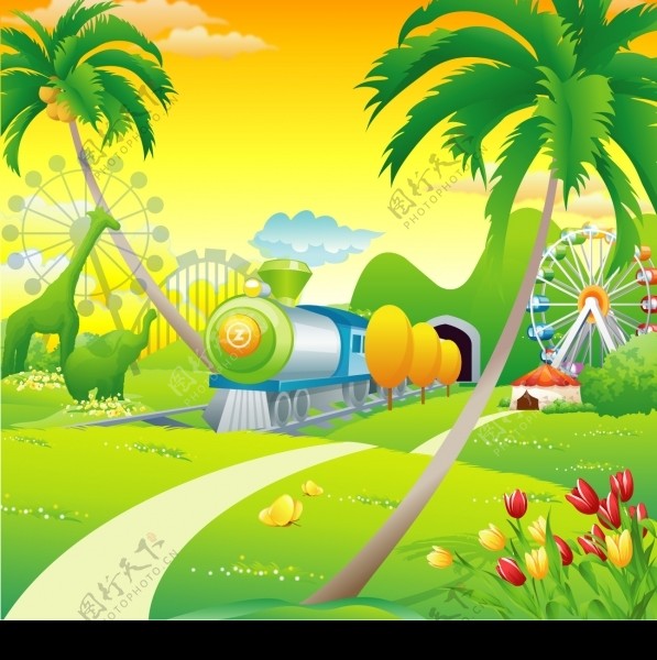 森林小火车玩乐园动物鲜花风景图片