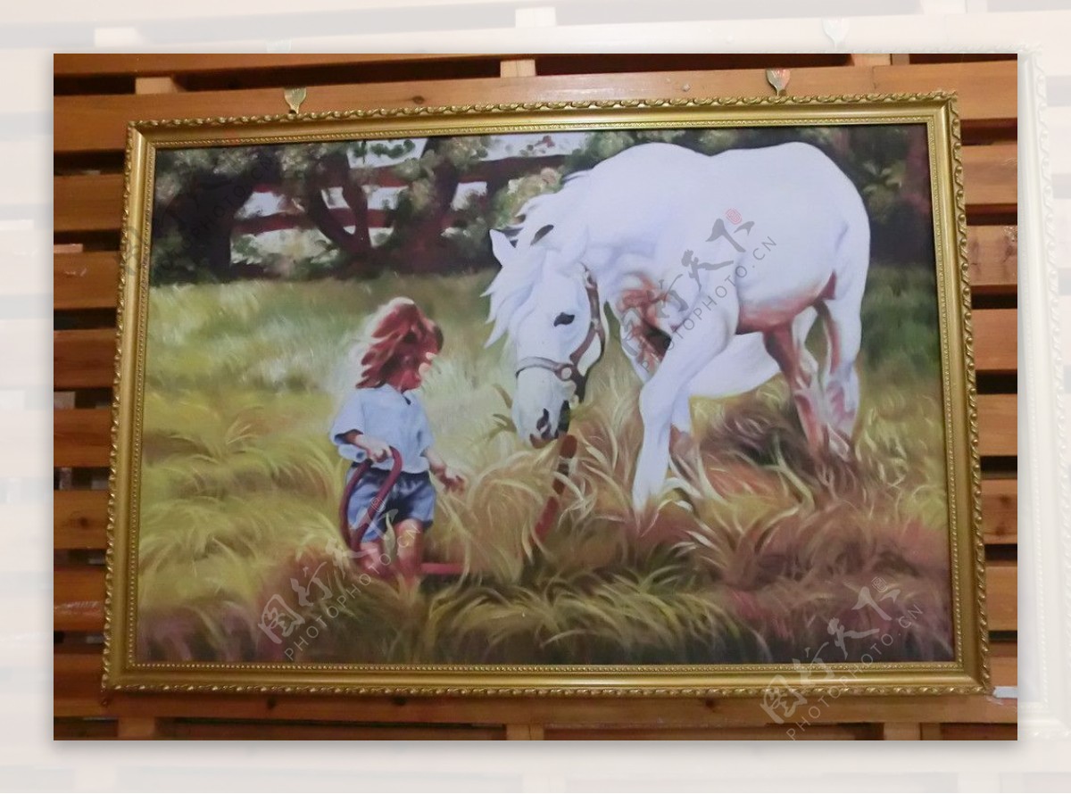 西风绘画马与儿童图片