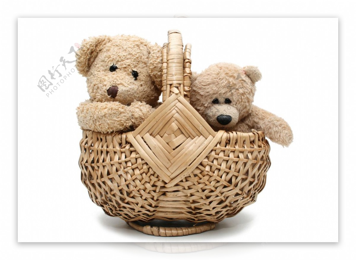 竹篮里的玩具熊妈妈和熊宝宝图片