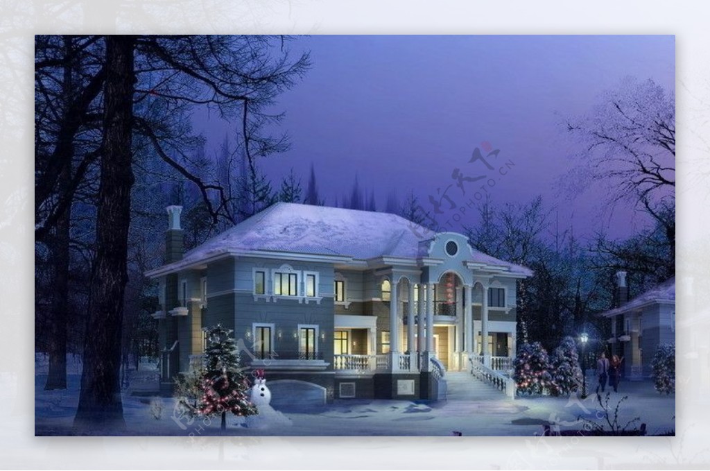 别墅雪人圣诞树图片