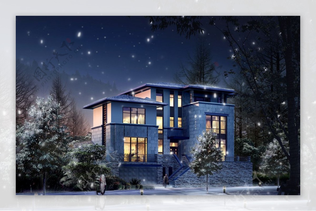 山中别墅雪景环境效果图设计图片