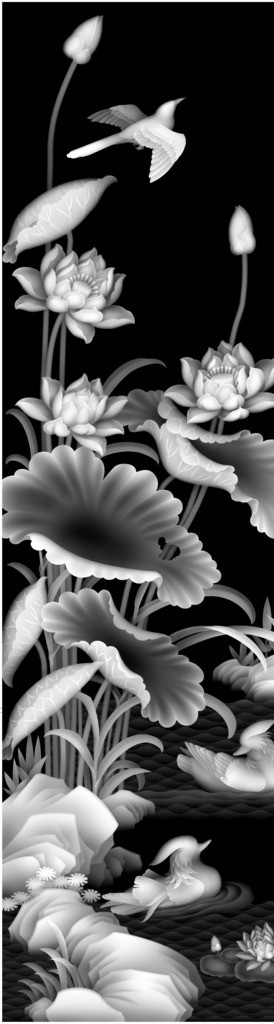 荷花莲花面板精雕灰度图片