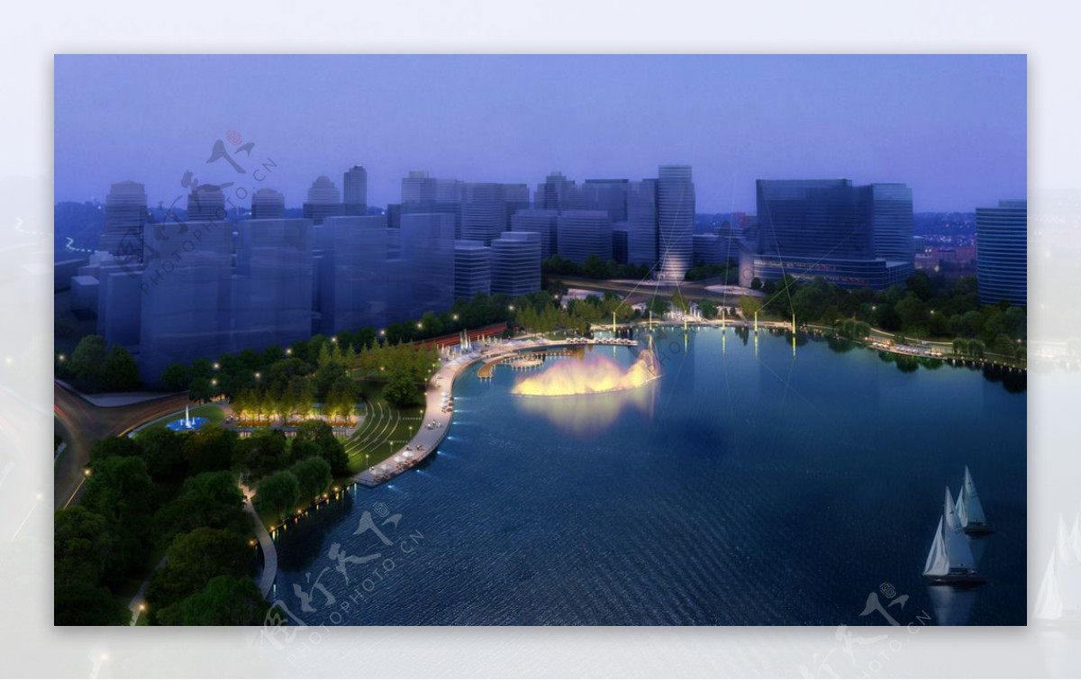 湖边城市夜景设计图片