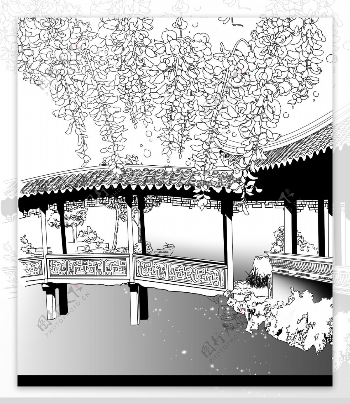 中国古典园林小桥紫籐花图片