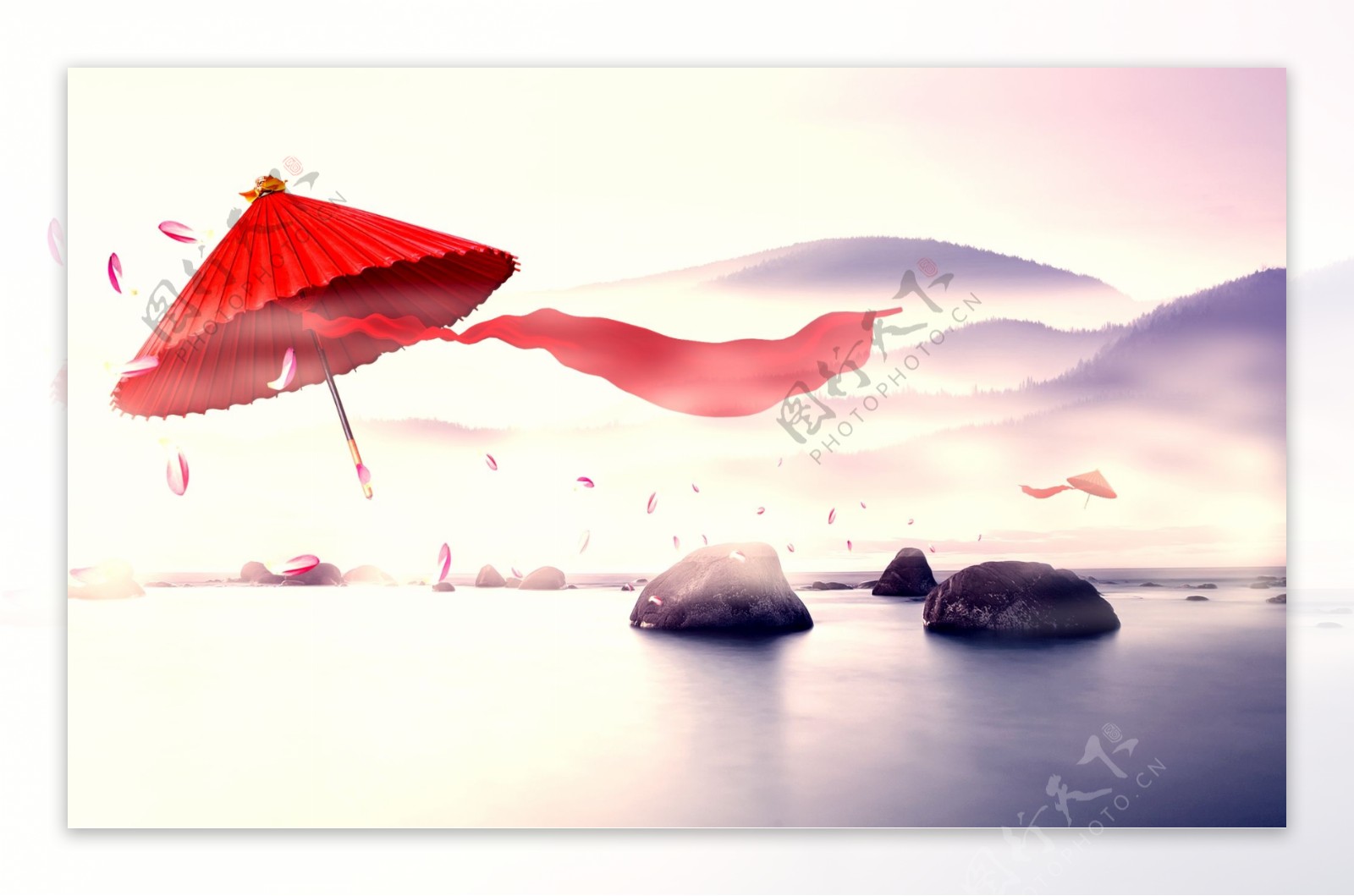 唯美红伞图片