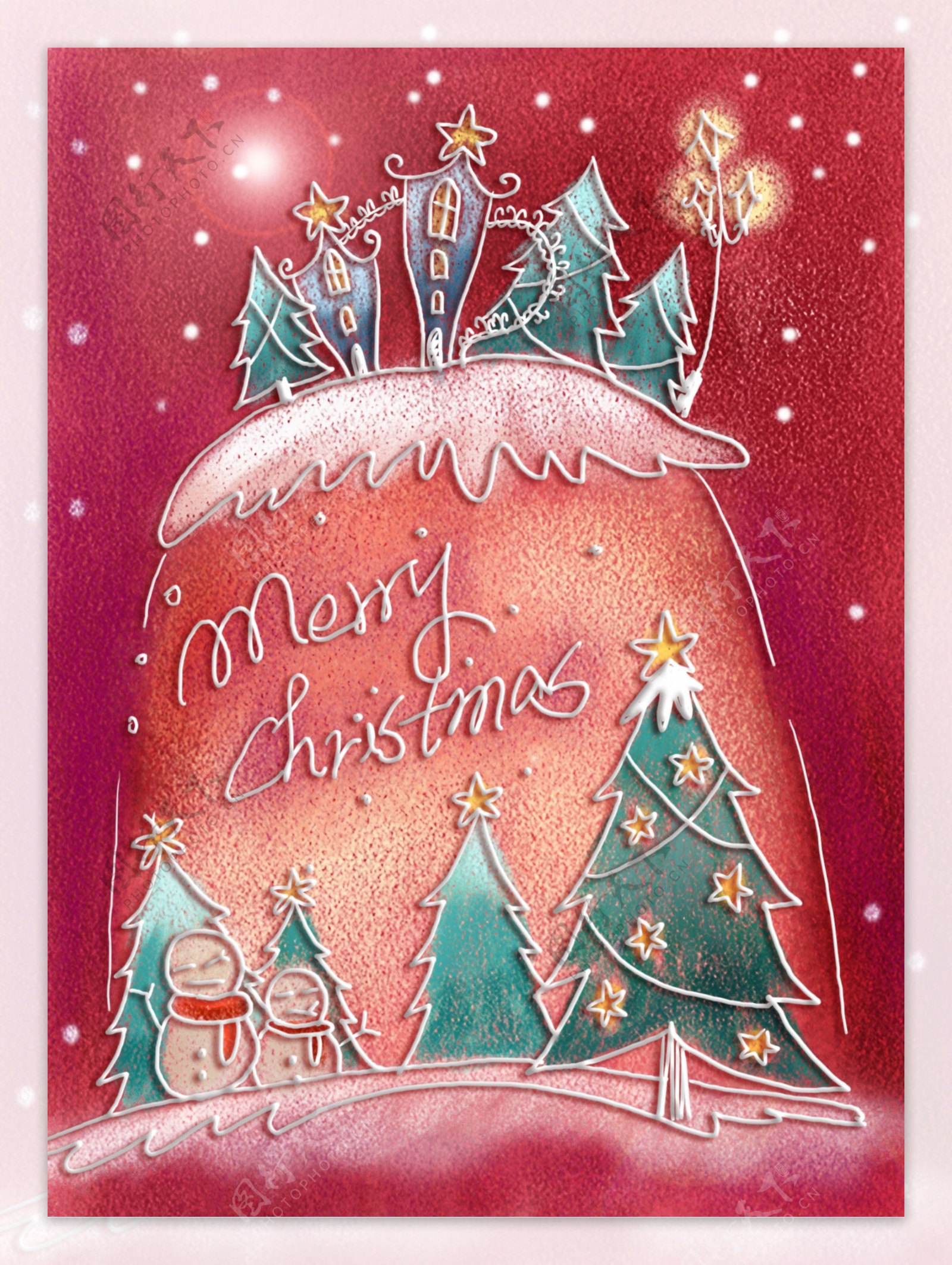手绘线条圣诞节风景插画图片