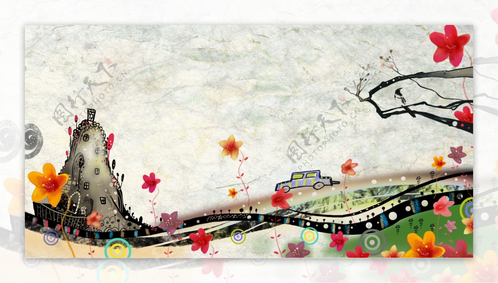 手绘卡通行驶中的小汽车风景插画图片