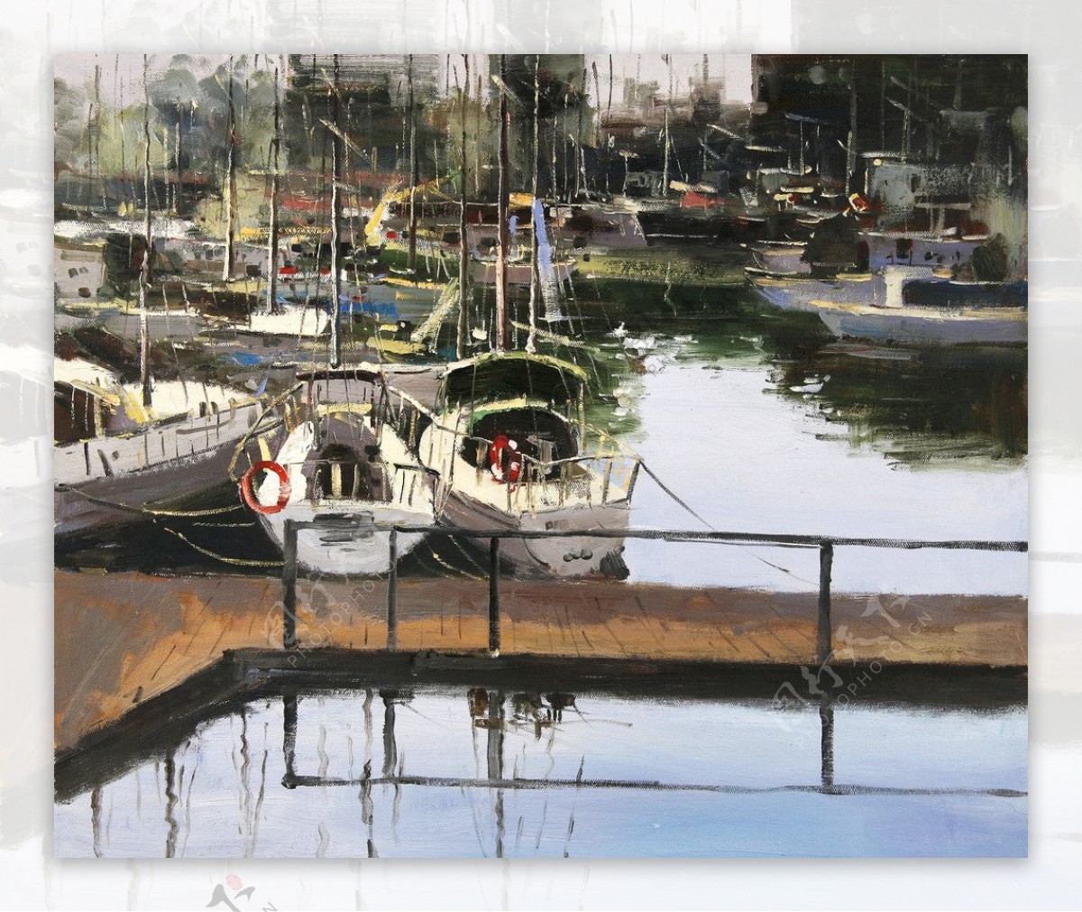 码头帆船油画图片