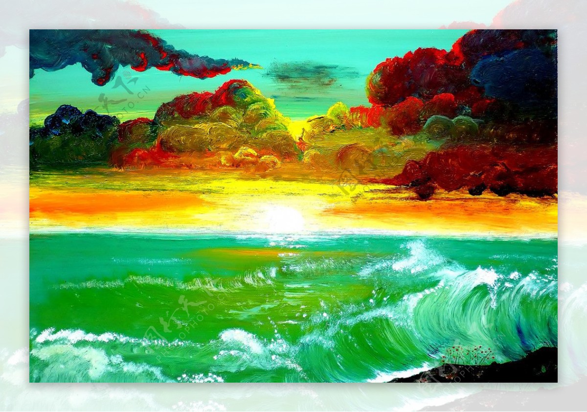 油画海洋落日图片