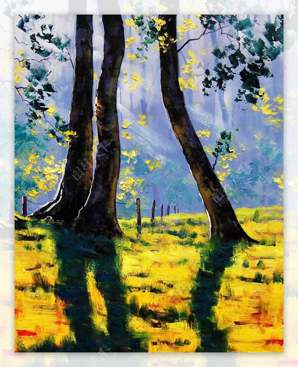 油画背光树木图片