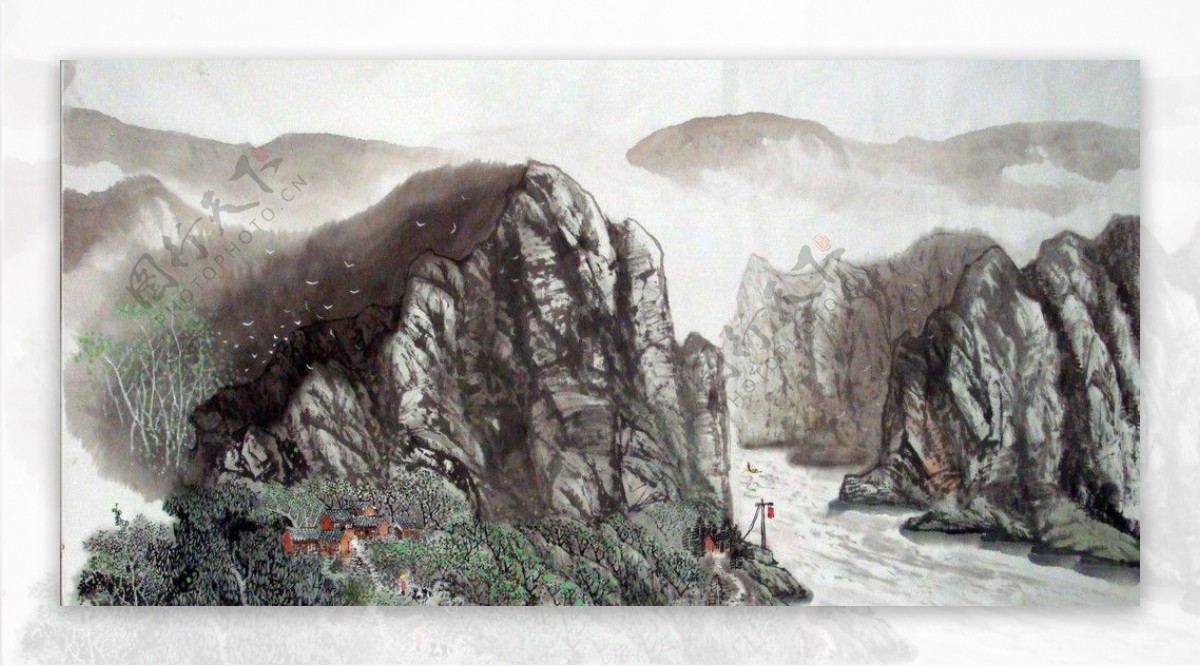 李海屿国画山水人家图片