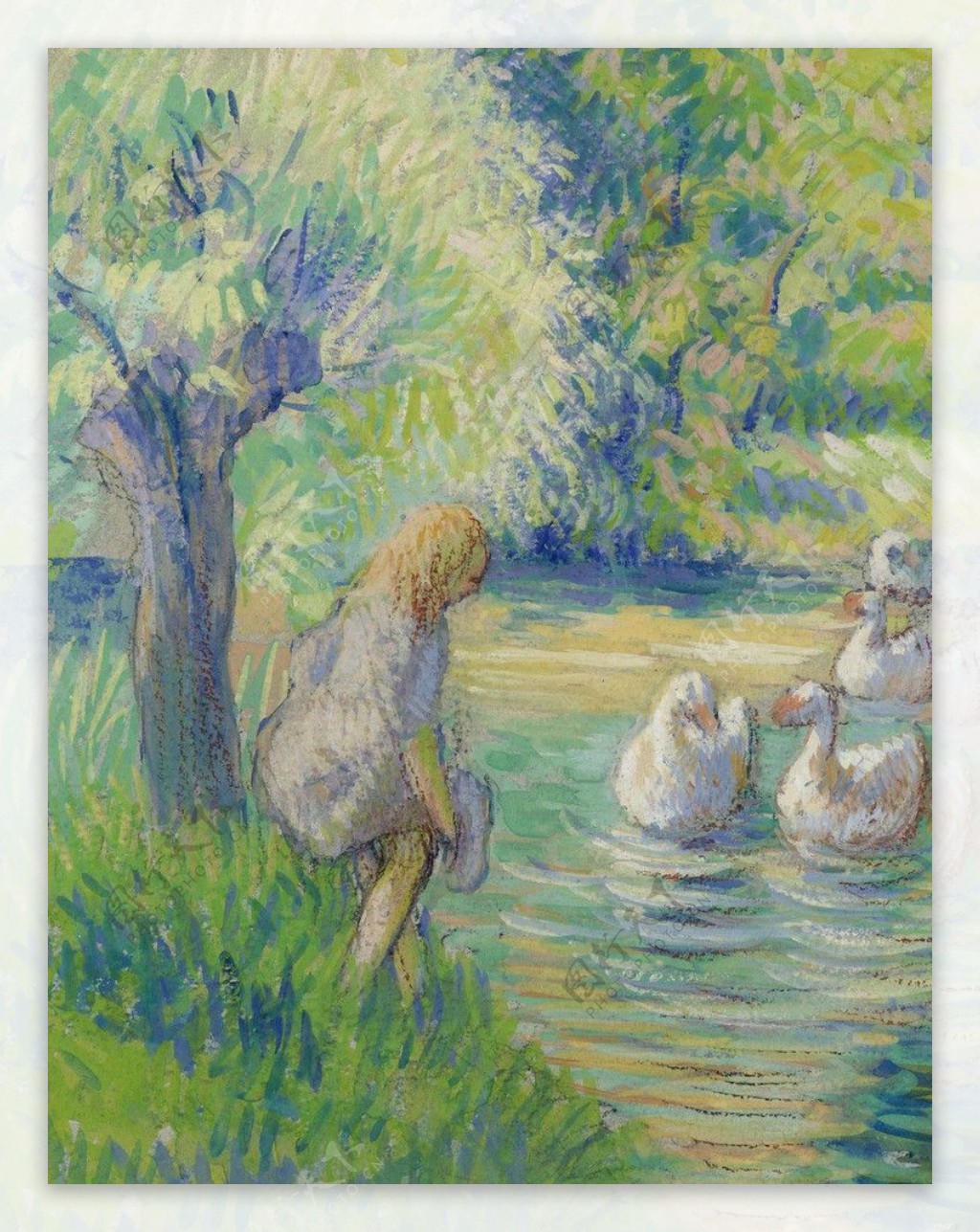 池塘鸭子油画图片