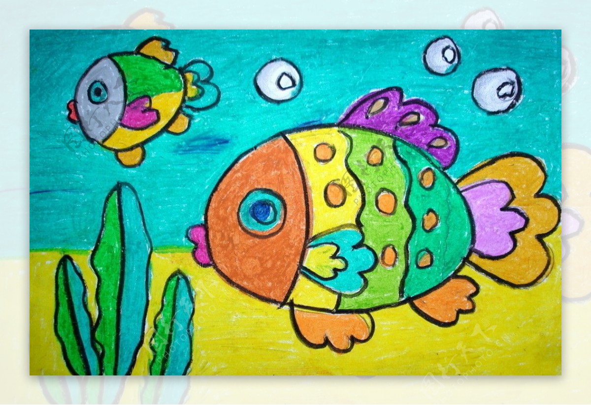 儿童画的两条五彩鱼图片