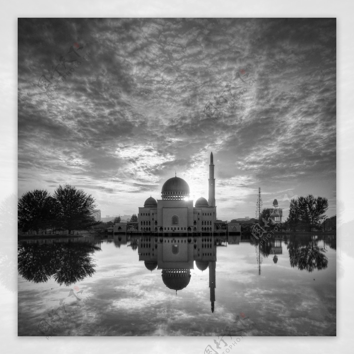 马来西亚清真寺黑白照图片