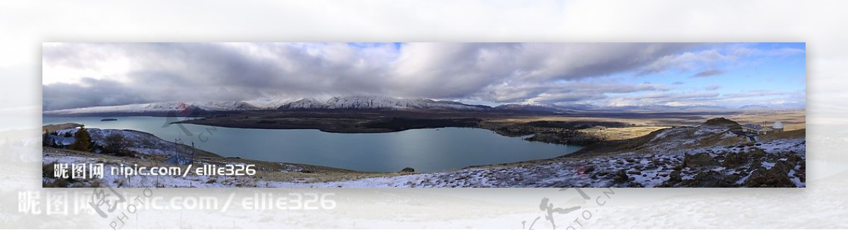 湖雪山巨幅风景广角荒原图片