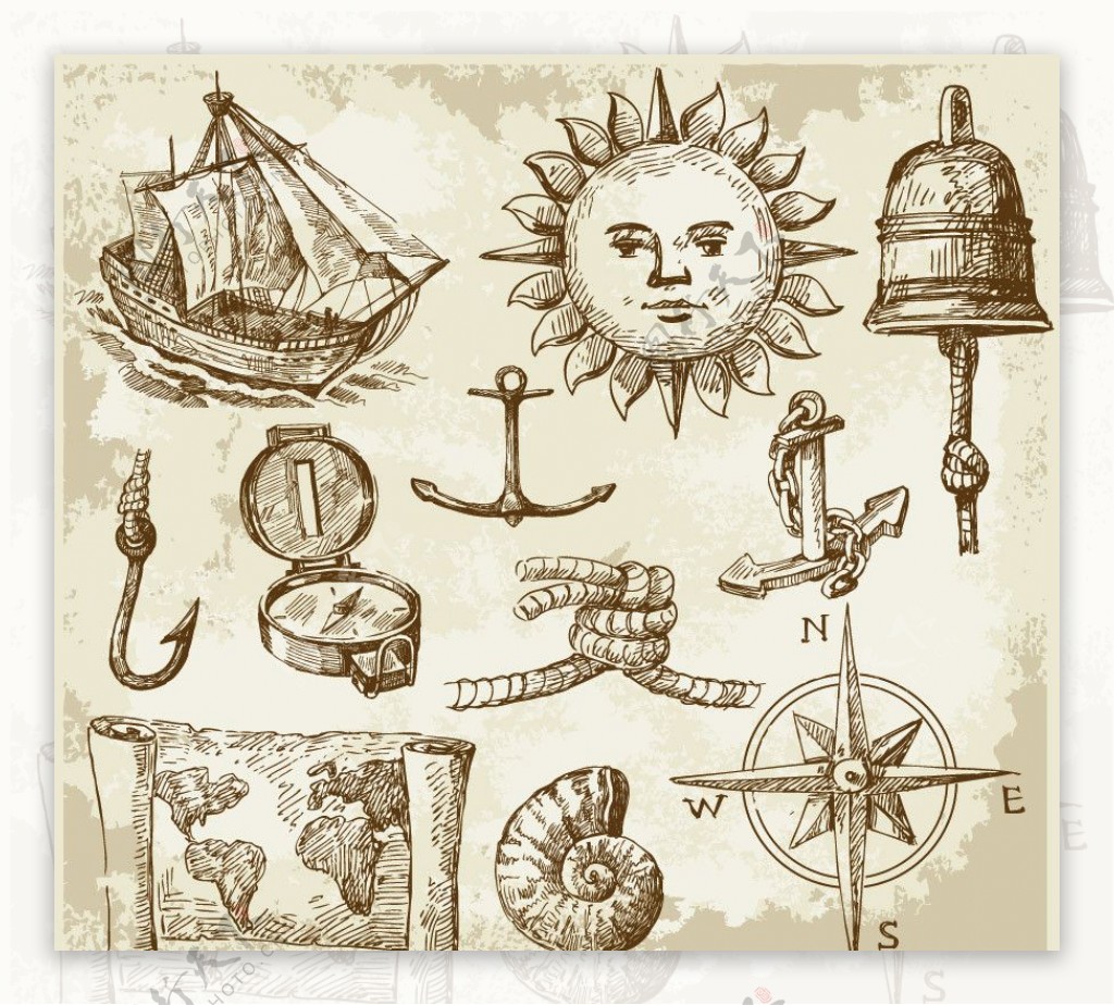 怀旧手绘航海图标图片