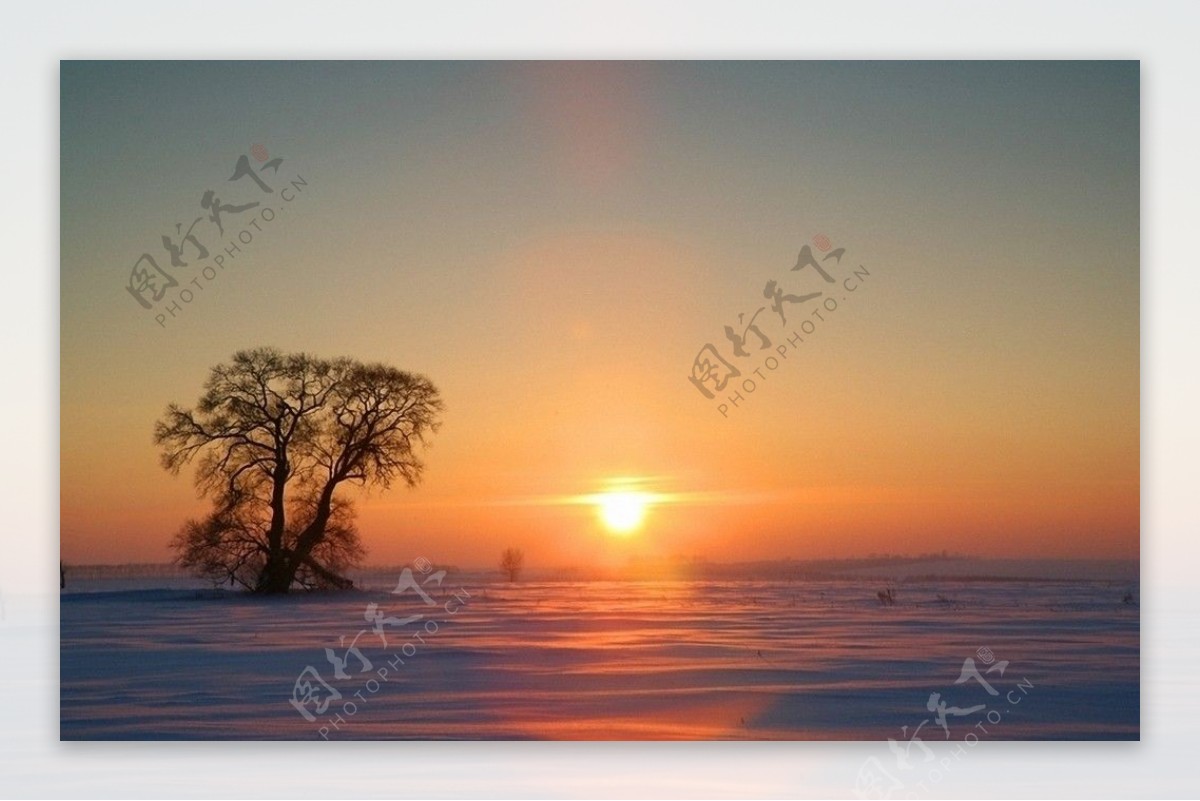 雪野夕阳图片
