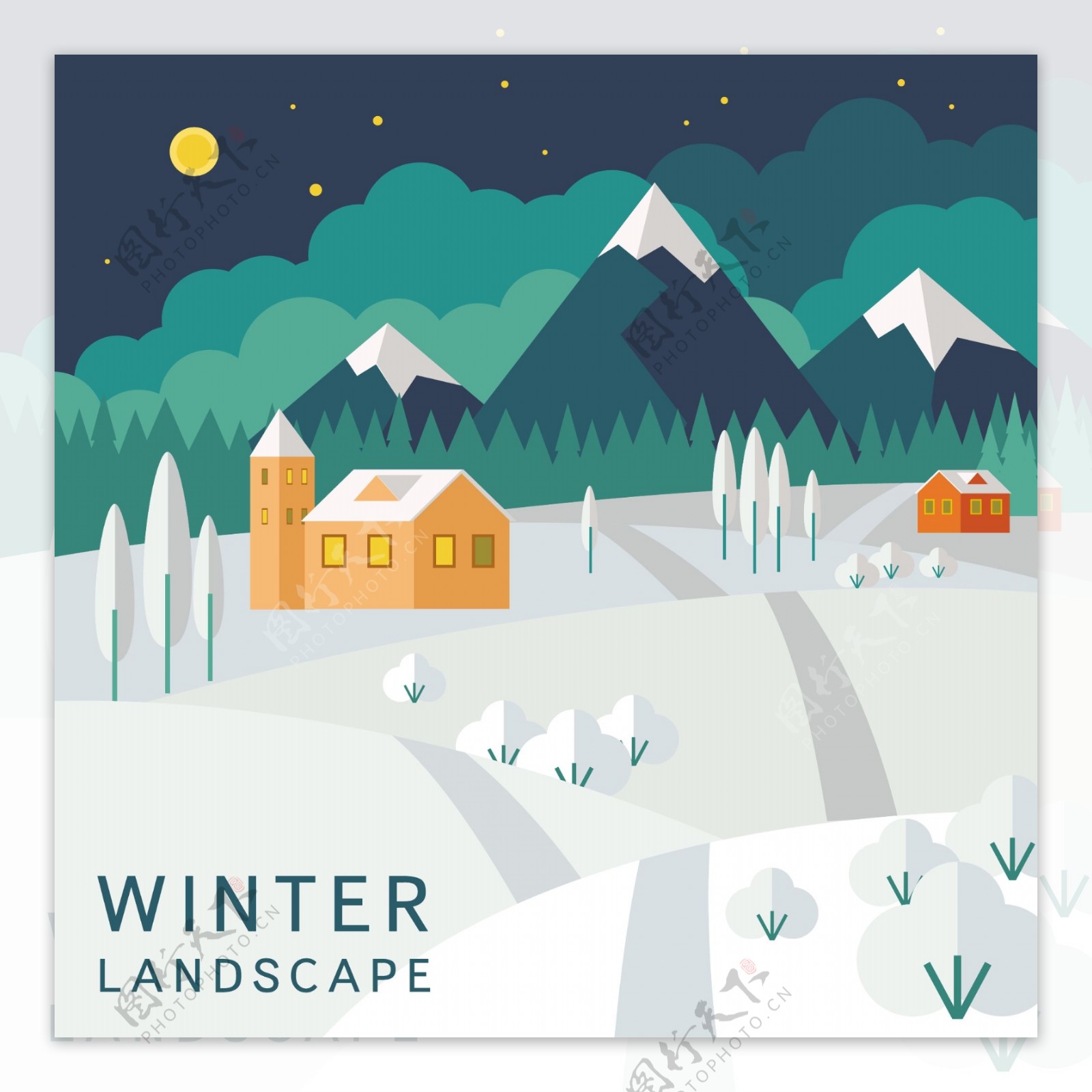 扁平插画风景雪景植物图片