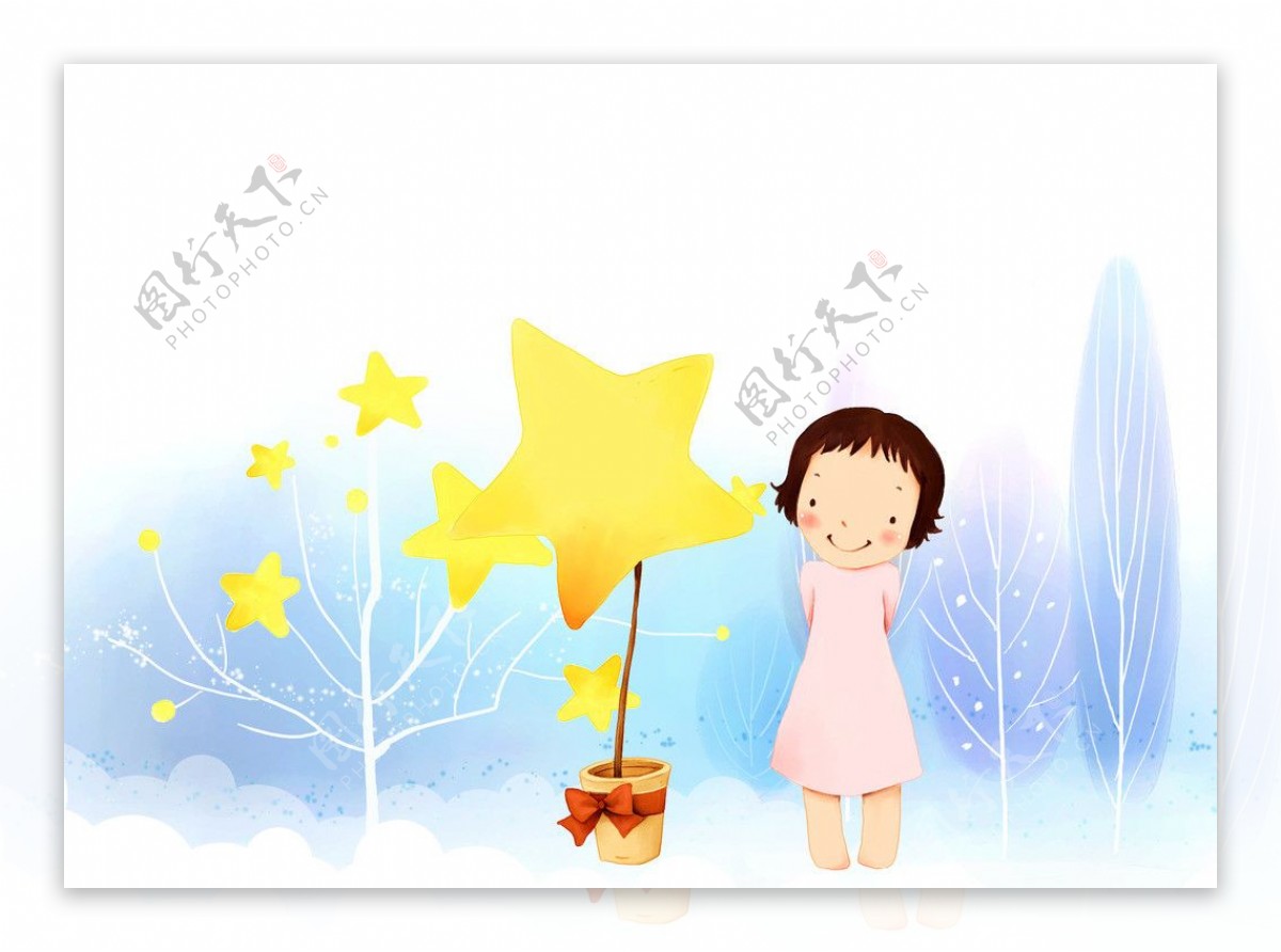 可愛女孩藍天星星樹图片