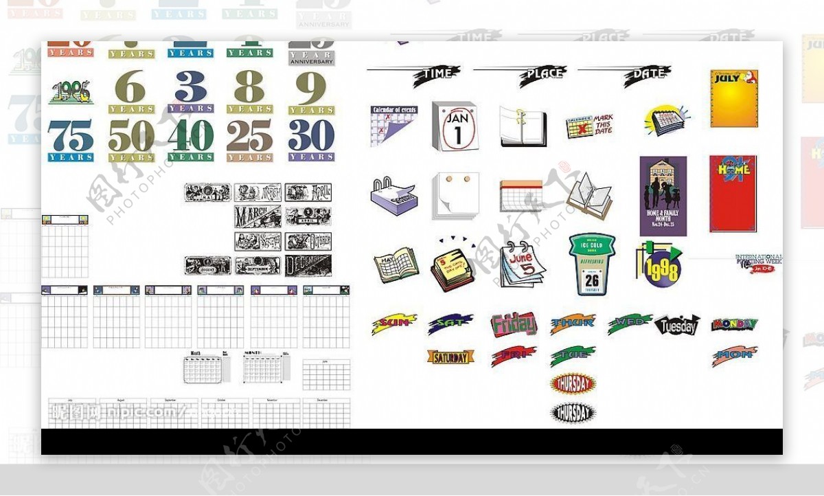 超级精彩矢量国外数字日历素材框架模板大全图片