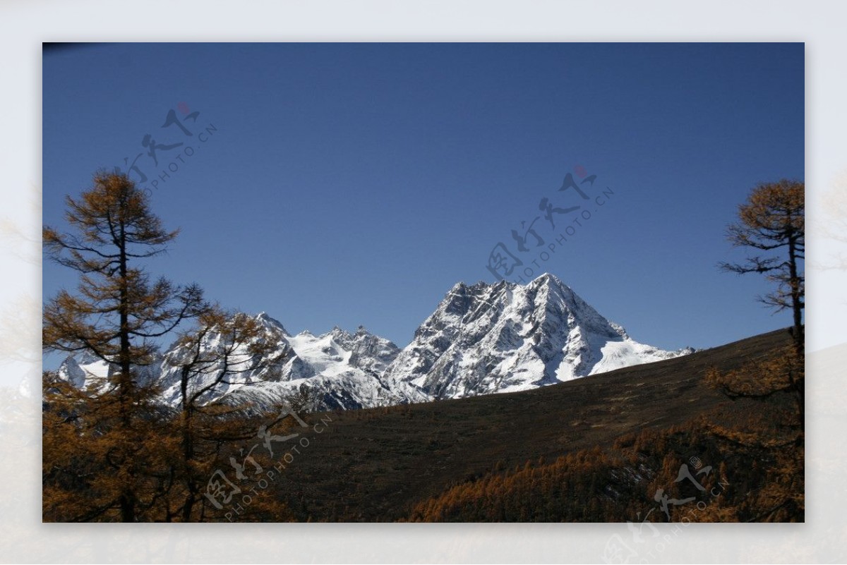 蓝天下的白茫雪山图片