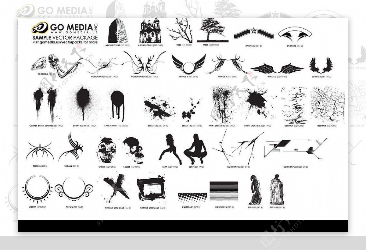 GoMedia出品矢量素材翅膀底纹花纹墨迹树楼房图片