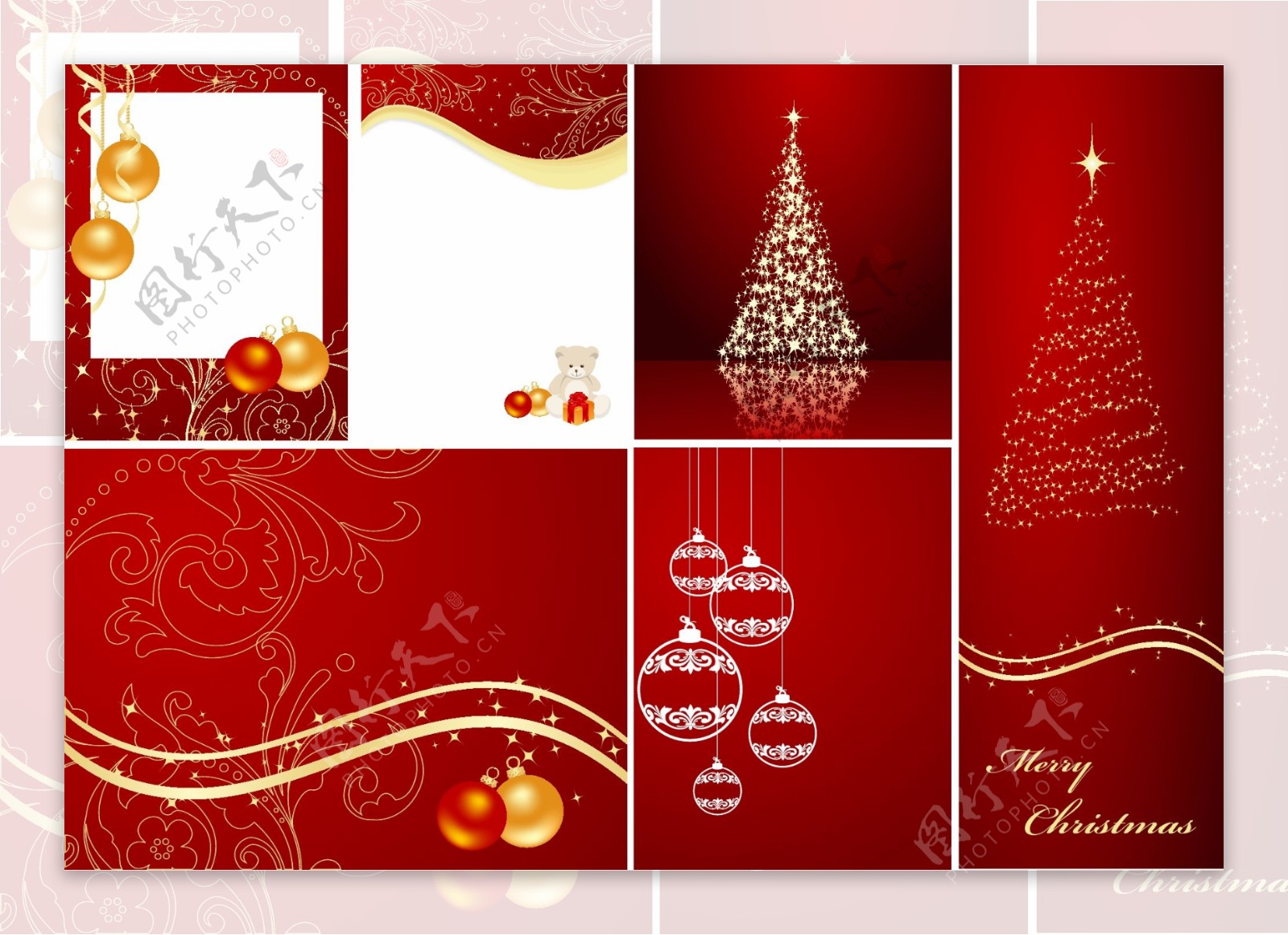 红色圣诞背景圣诞贺卡线条圣诞树线条古典花纹图片