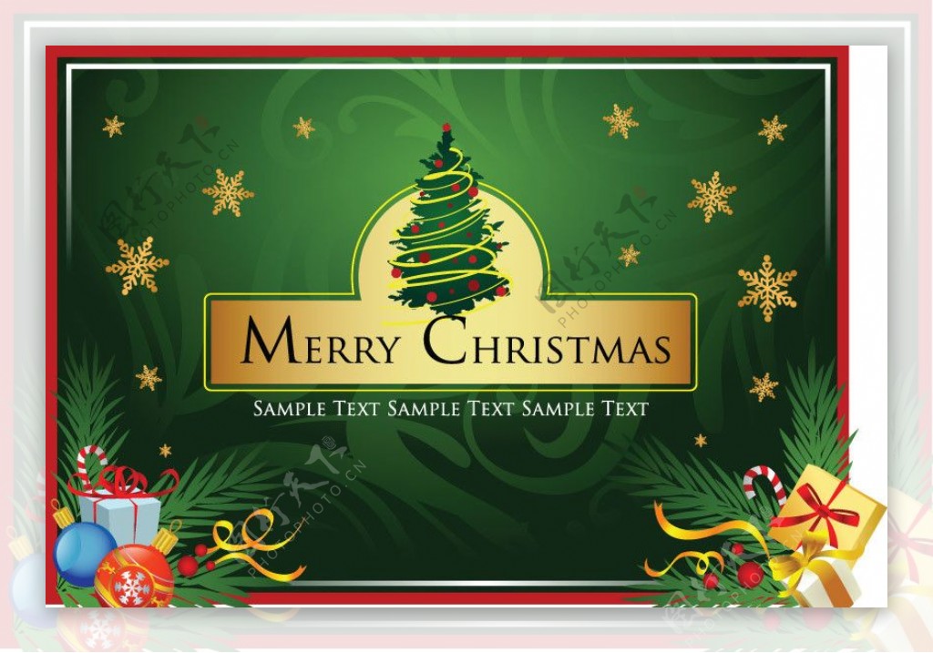 圣诞贺卡卡片圣诞树礼盒金色雪花图片