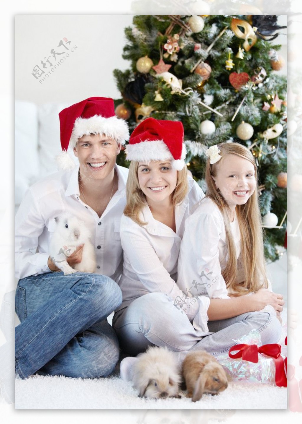 抱着兔子的圣诞幸福一家人图片