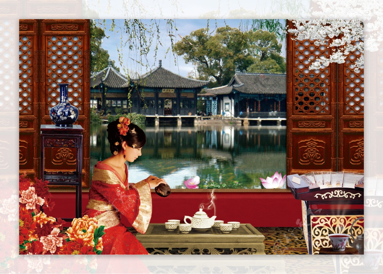 中国古典美女江南美女园林风景茶道图片