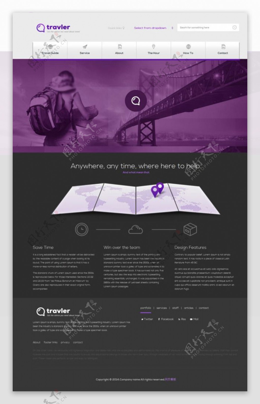 紫色风格旅行网站模板图片