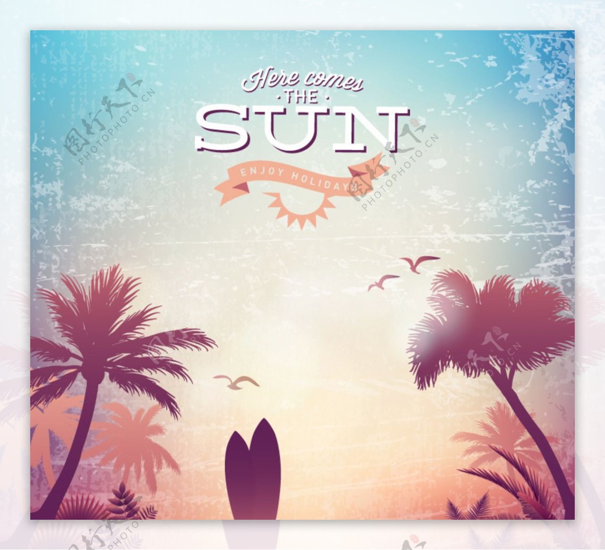 冲浪板和椰子树海报图片