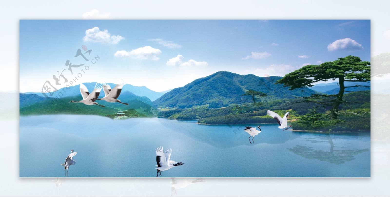 湖泊山水风景画广告素图片