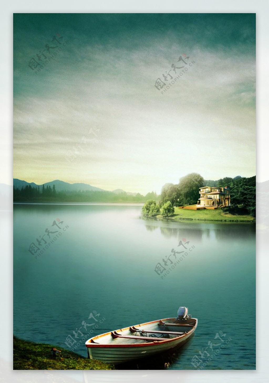 清新的湖景别墅图片