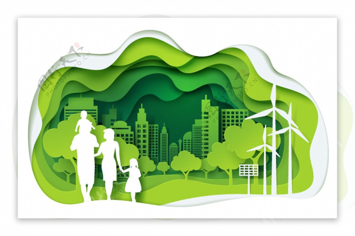 绿色生态城市和家庭剪影矢量图