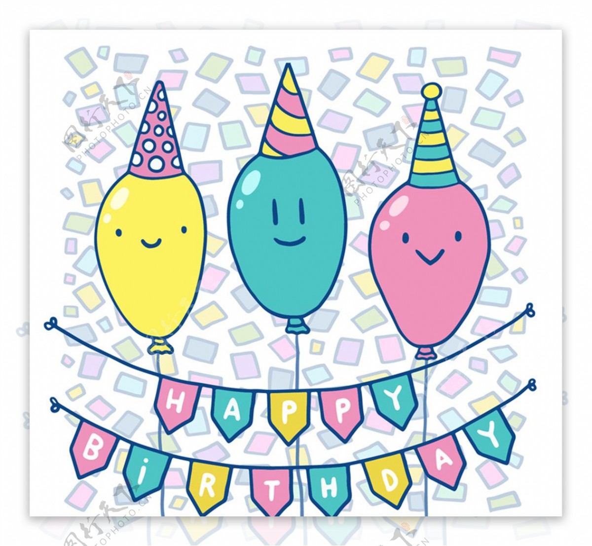 彩色生日派对卡通气球和拉旗矢量