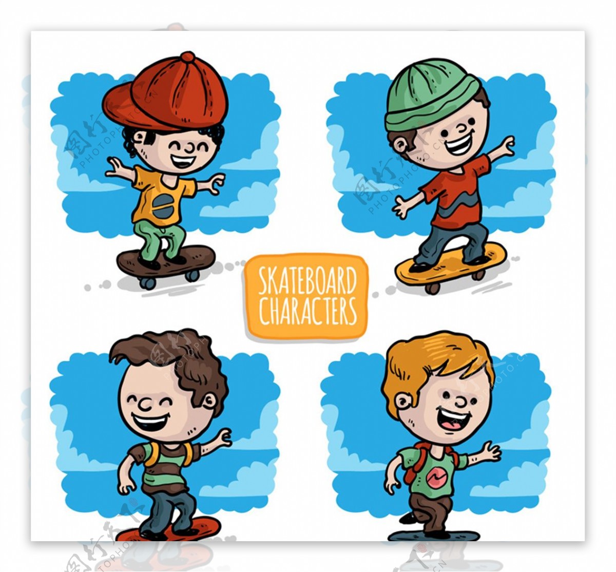 4款彩绘玩滑板的儿童矢量素材