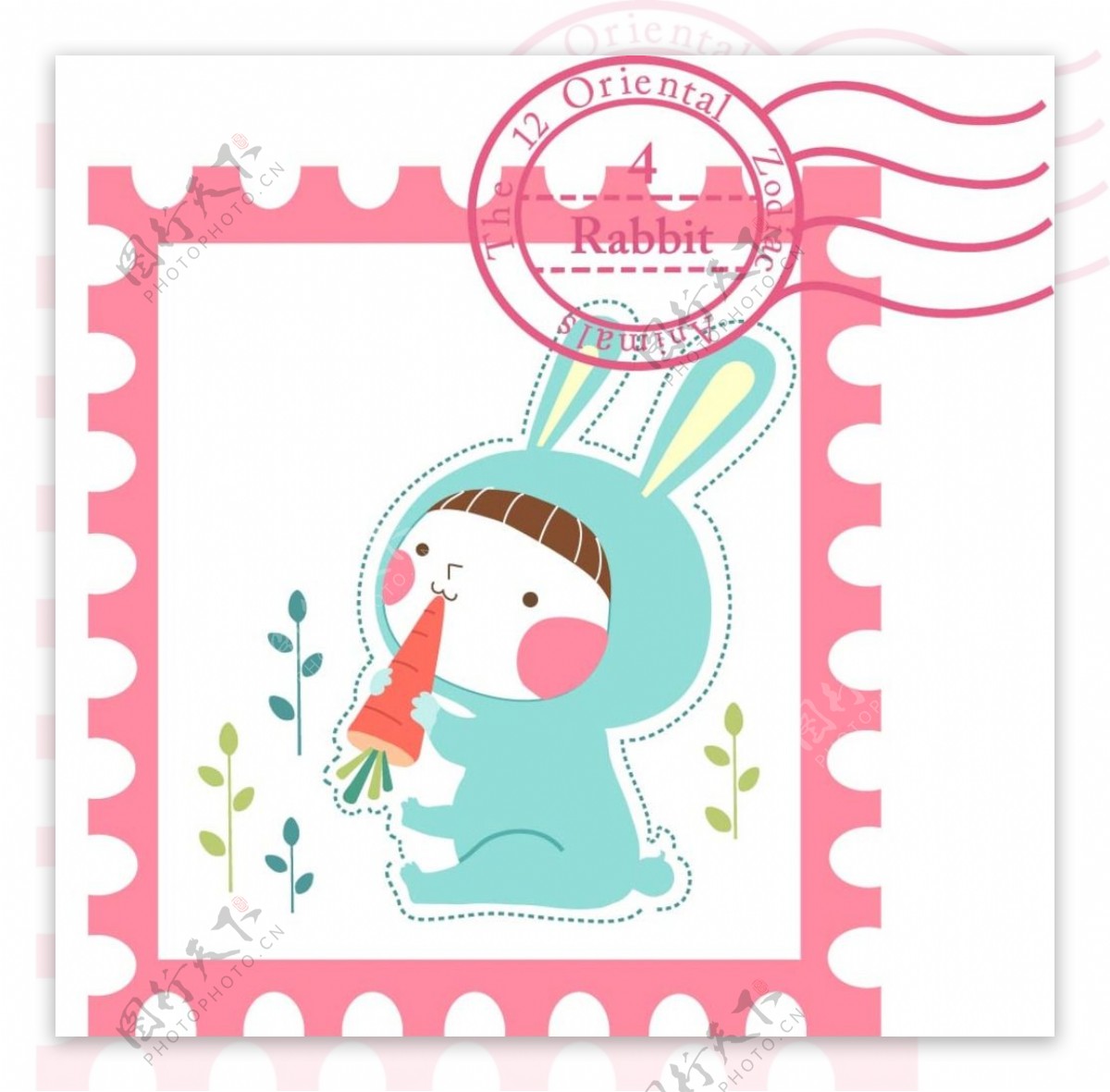 卡通兔子人物邮票素材