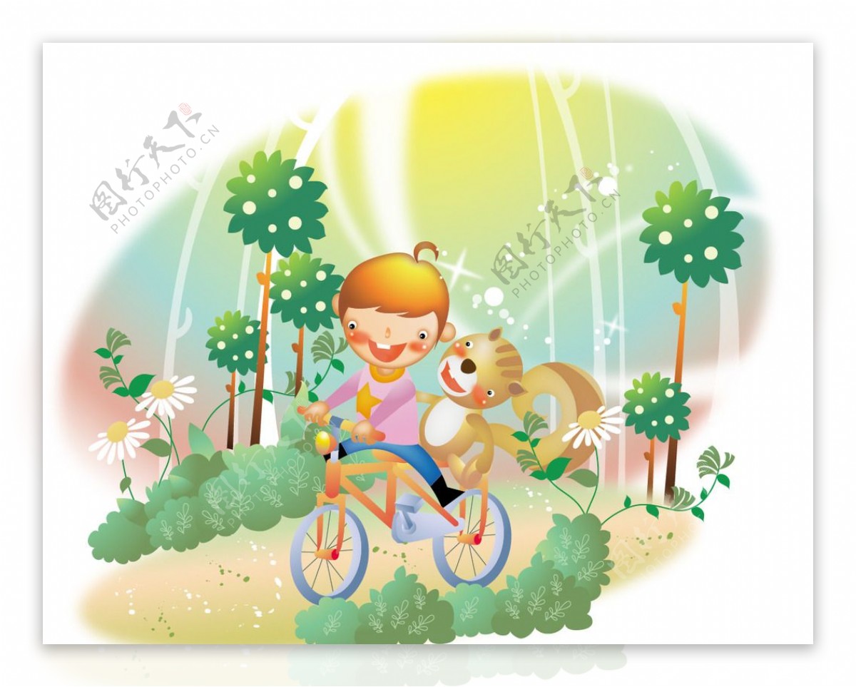 骑脚踏车游玩的卡通男孩