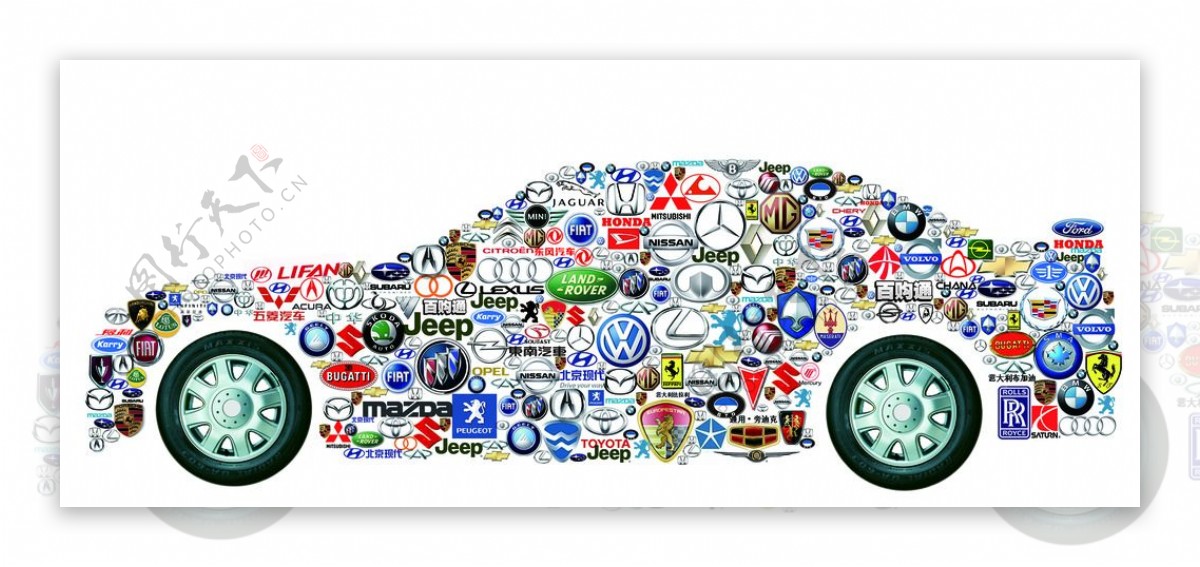 各种汽车标志组成的汽车形状