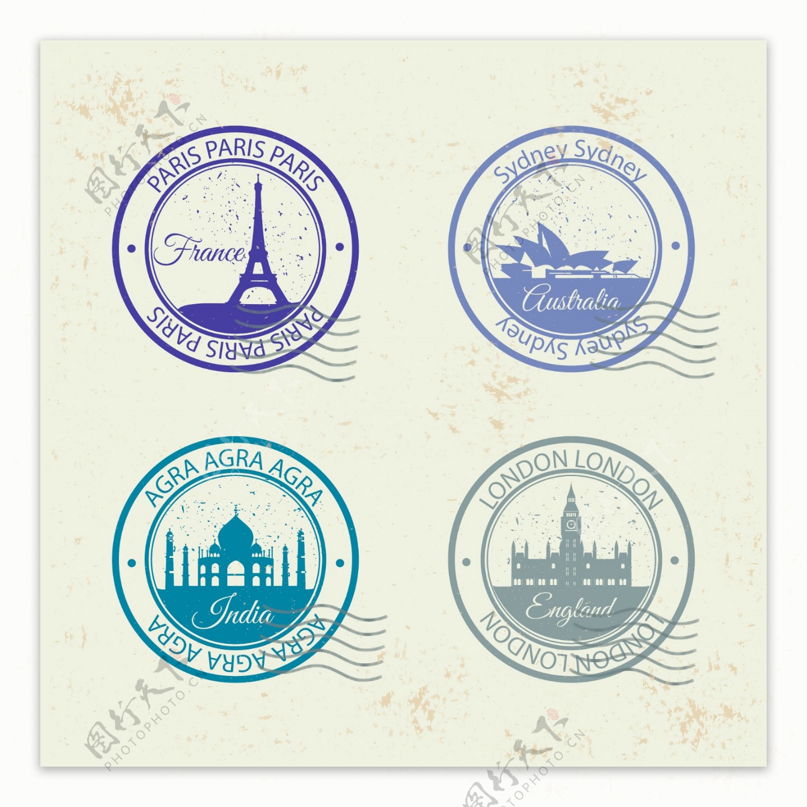 四套不同城市的圆邮戳